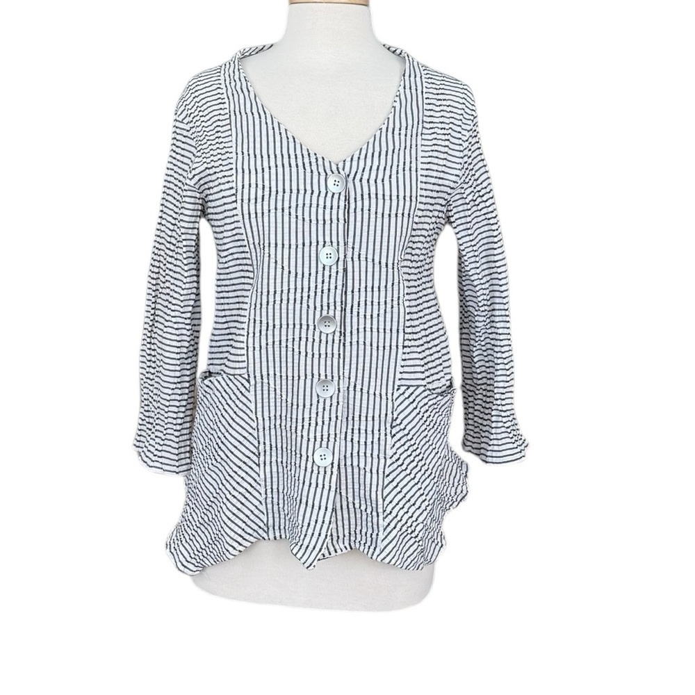 Linnea Women's Jacket White Stripped 3/4 Sleeve Textured Pocket Blazer Sz Medium